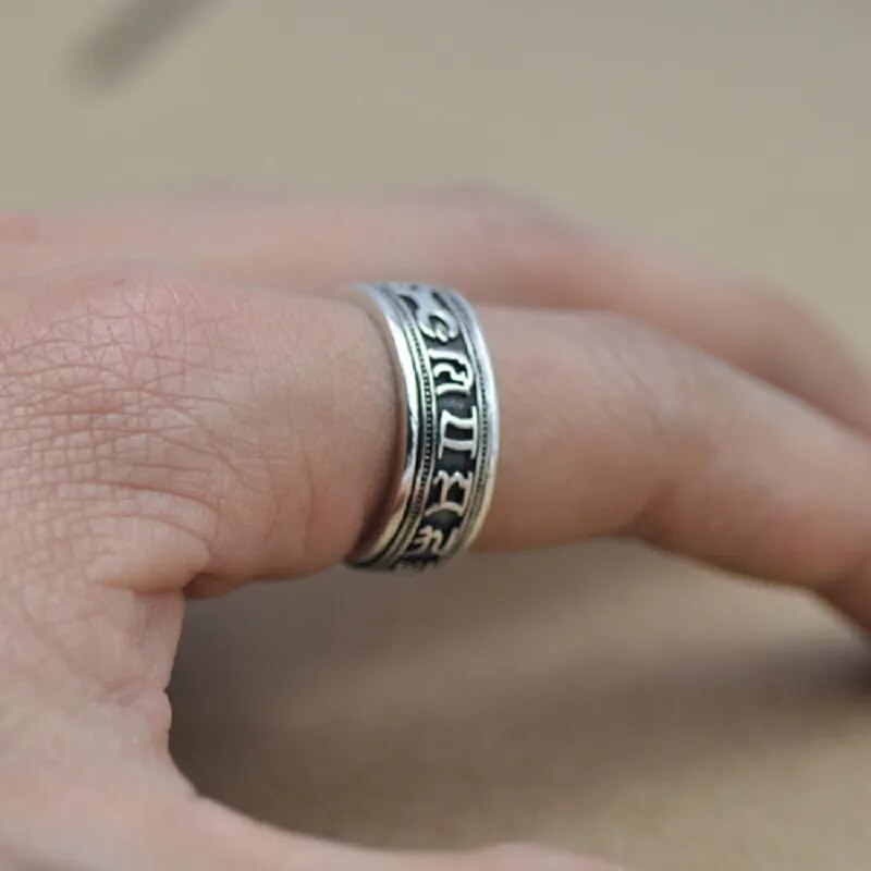 925 Sterling Silver Jewelry Vintage Thai Silver Ring Budda Religious Saint Mantra Vajra S925 Ring (HY)