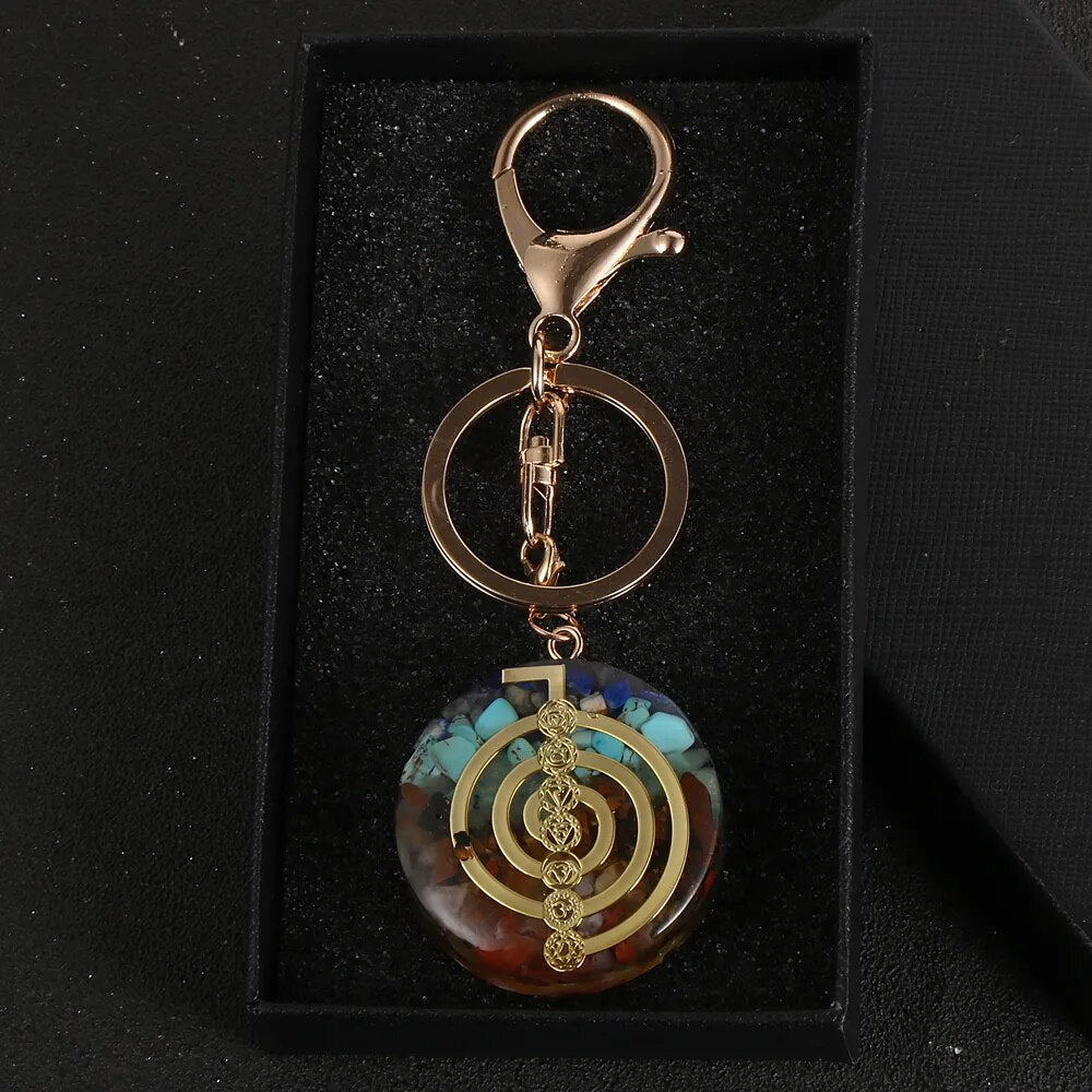 Natural Stone Chip Gravel 7 Chakras Orgonite Pendant Key Chain Orgone Energy Generator Soothe The Soul Key Ring Healing Jewelry