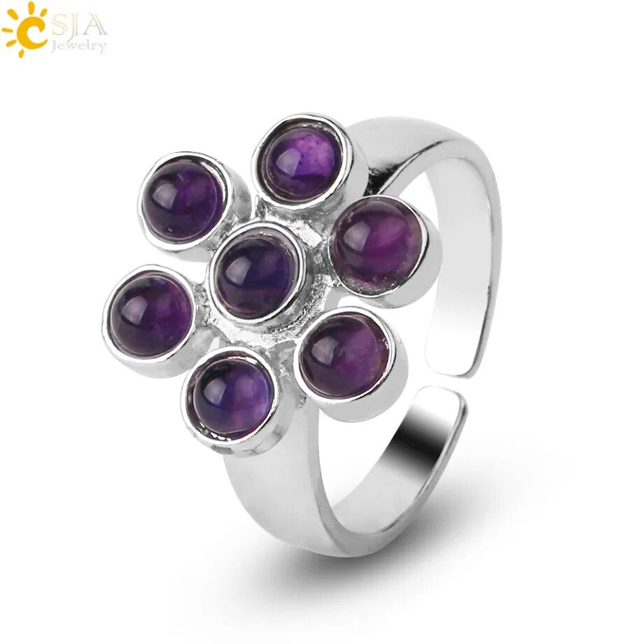 CSJA 1Pc 7 Chakra Rings Reiki Energy Healing Point Stone Beads Adjustable Ring Rainbow Flower Women Finger Ring Jewelry E042