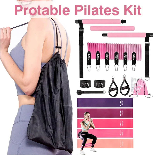 Pilates Bar Kit w/ Resistance Bands 3-Section Fitness Stick Elastic Bands for Exercise Leg Hip Arm Muscle Bodybuilding Equipment