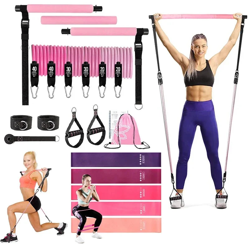 Pilates Bar Kit w/ Resistance Bands 3-Section Fitness Stick Elastic Bands for Exercise Leg Hip Arm Muscle Bodybuilding Equipment