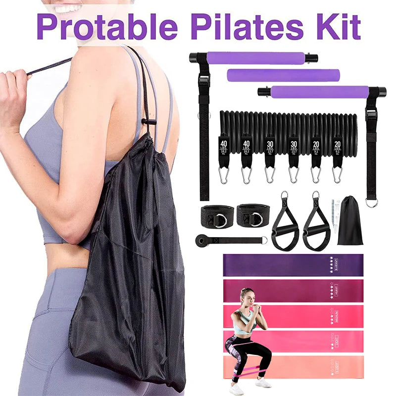 Pilates Bar Kit w/ Resistance Bands 3-Section Fitness Stick Elastic Bands for Exercise Leg Hip Arm Muscle Bodybuilding Equipment