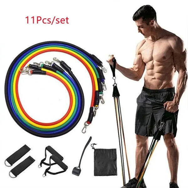 "11-piece TPE resistance bands set with handles, door anchor, ankle straps and carry bag for home workouts"
"Resistance bands with foam handles and door anchor attachment for versatile strength training exercises"
"Complete resistance bands kit showing different resistance levels and workout accessories"
"Resistance bands ankle straps and protective sleeve for lower body exercises and safety"
"Portable resistance bands set in carry bag perfect for travel and home gym workouts"