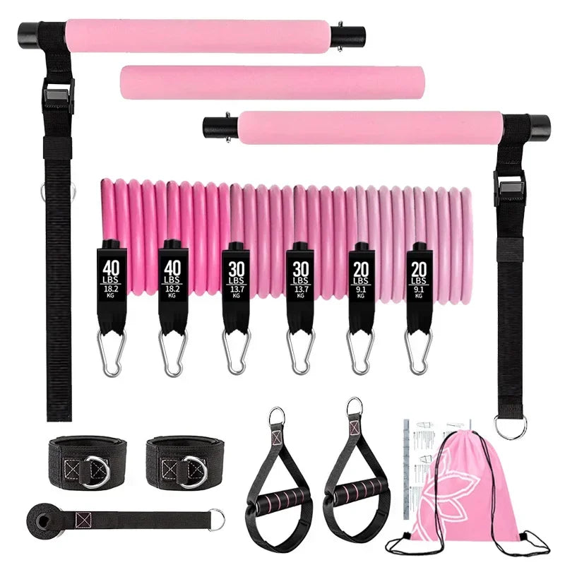 Pilates Bar Kit w/ Resistance Bands 3-Section Fitness Stick Elastic Bands for Exercise Leg Hip Arm Muscle Bodybuilding Equipment