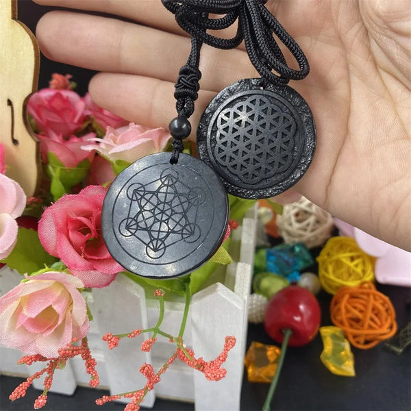 crystal spiritual gem stone jewelry with rope natural shungite Metatron runes crystals pendants for gift
