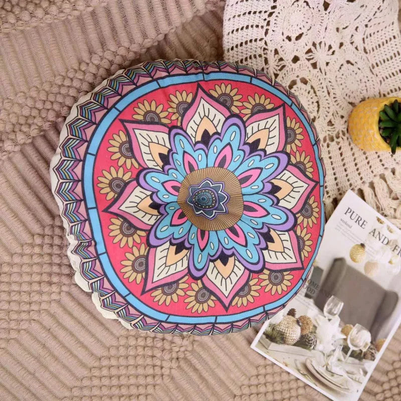Geometric Round Meditation Cushion - Boho Style Cotton-Linen Pouf for Yoga/Pilates, Floor Seat for Home Decor. 요가매트