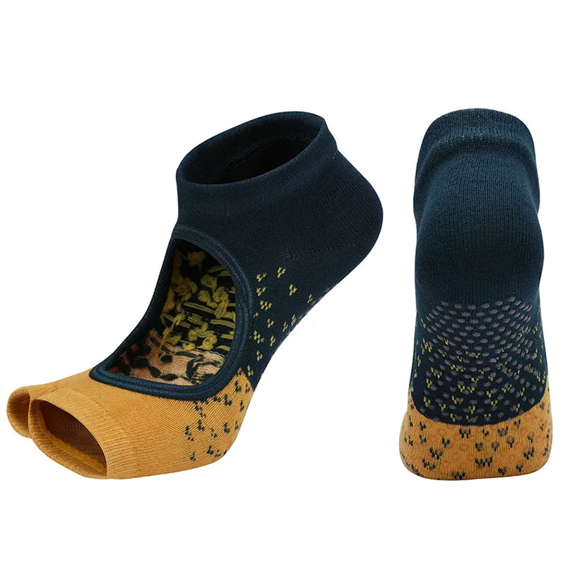 Yoga Socks Two Toes Separately Backless Breathable Non-Slip Gym Fitness Barre Pilates Ballet Dance Grips Toeless Home Socks