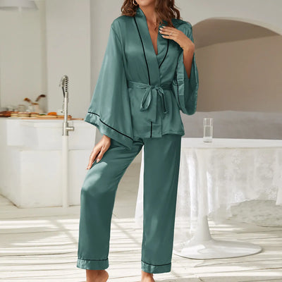 V-Neck 2PCS Pajamas Suit Women Long Sleeve Sleep Set Satin Sleepwear Home Clothes Spring Intimate Lingerie Casual Pyjamas