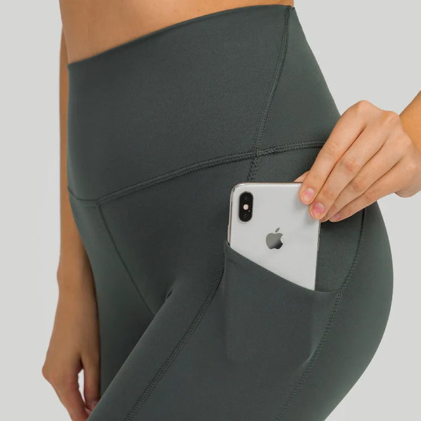 Lu-Logo Naked Feel Tummy Control Butt Lift Yoga Pants Sport Tights High Waist Fitness Gym Workout Leggings With Side Pockets