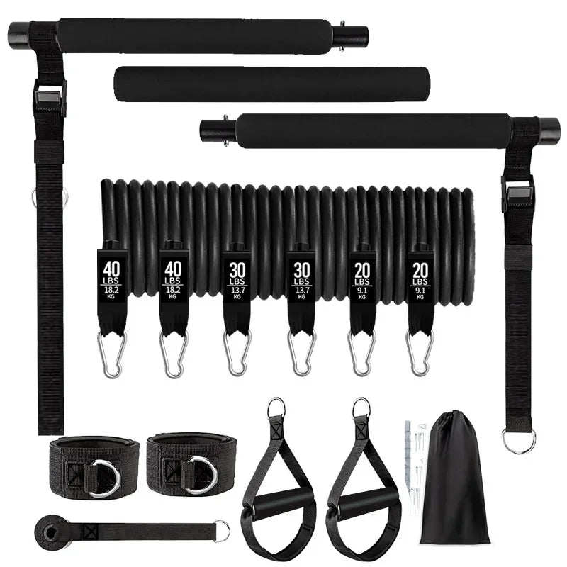 Pilates Bar Kit w/ Resistance Bands 3-Section Fitness Stick Elastic Bands for Exercise Leg Hip Arm Muscle Bodybuilding Equipment