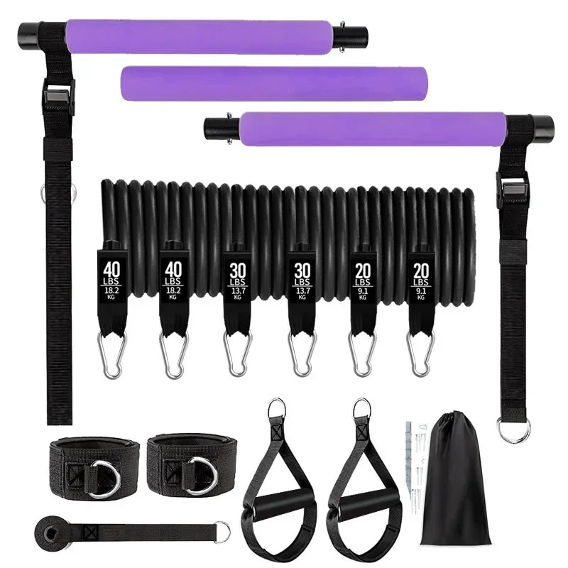 Pilates Bar Kit w/ Resistance Bands 3-Section Fitness Stick Elastic Bands for Exercise Leg Hip Arm Muscle Bodybuilding Equipment