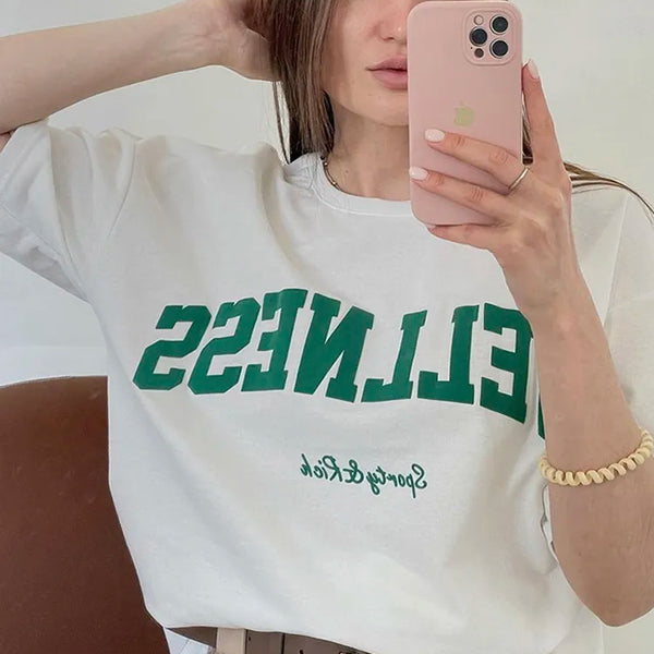 Wellness Sporty&Rich Creativity Letter Female Cotton Tee Clothing Oversize Retro Street T-Shirts Personality Womens Short Sleeve