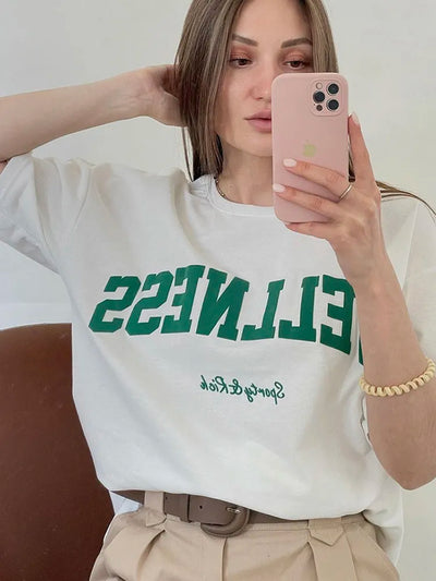 Wellness Sporty&Rich Creativity Letter Female Cotton Tee Clothing Oversize Retro Street T-Shirts Personality Womens Short Sleeve