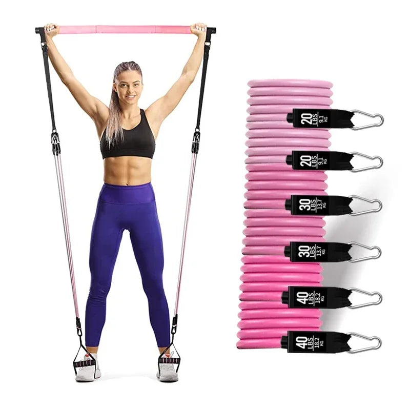 Pilates Bar Kit w/ Resistance Bands 3-Section Fitness Stick Elastic Bands for Exercise Leg Hip Arm Muscle Bodybuilding Equipment