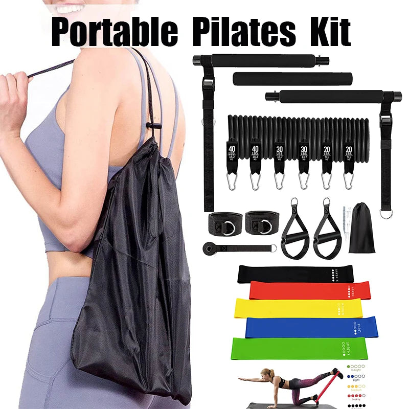 Pilates Bar Kit w/ Resistance Bands 3-Section Fitness Stick Elastic Bands for Exercise Leg Hip Arm Muscle Bodybuilding Equipment