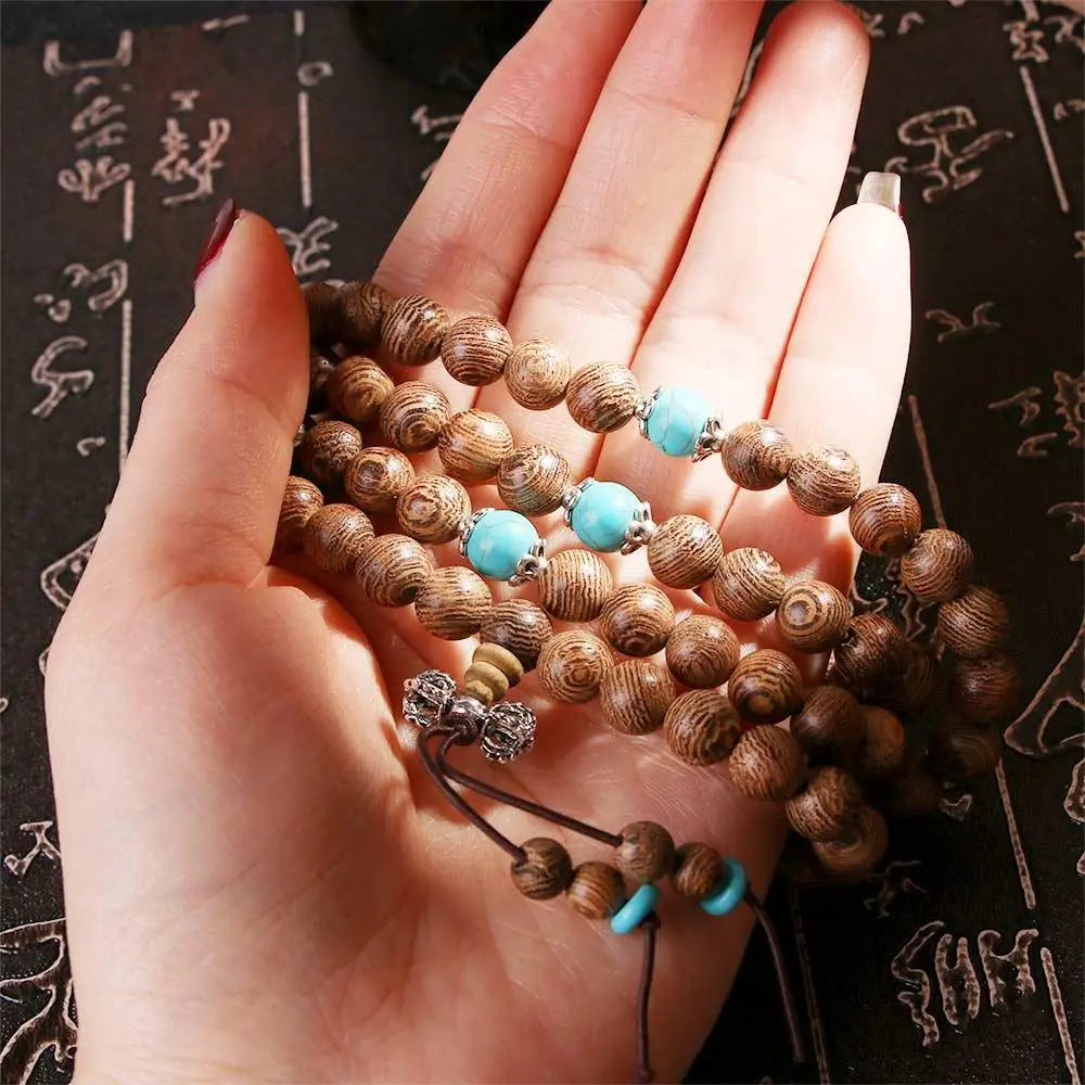 Meditation Wood Mala Beads Rosary 108 Bracelet Wenge Turquoise Buddhist