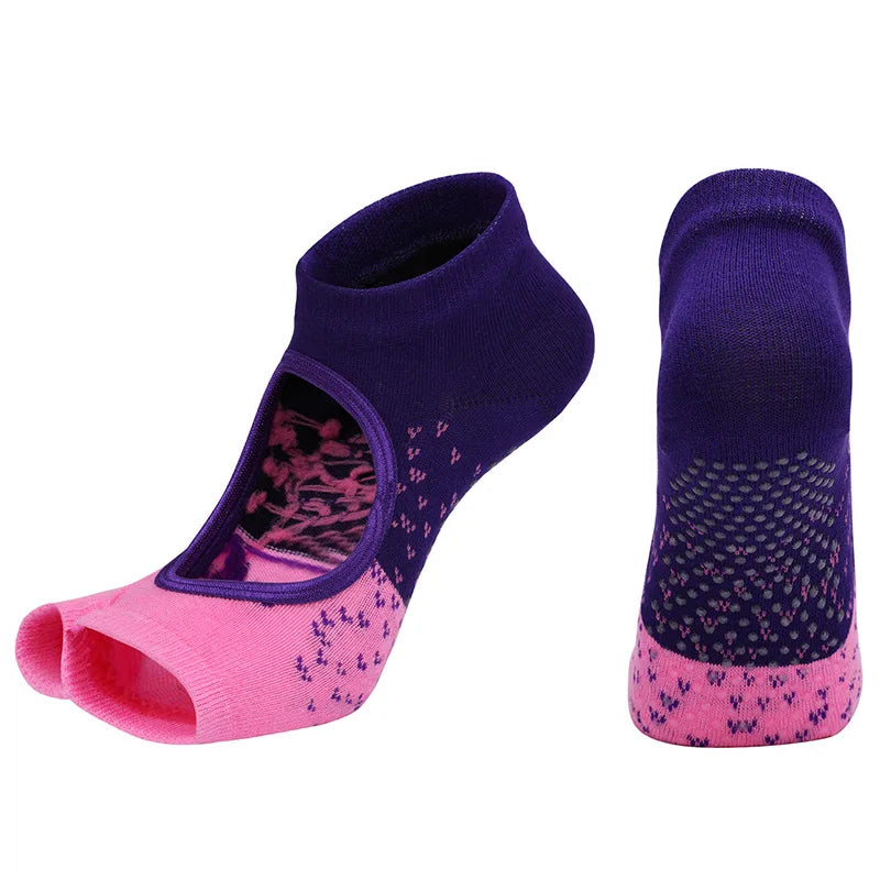 Yoga Socks Two Toes Separately Backless Breathable Non-Slip Gym Fitness Barre Pilates Ballet Dance Grips Toeless Home Socks