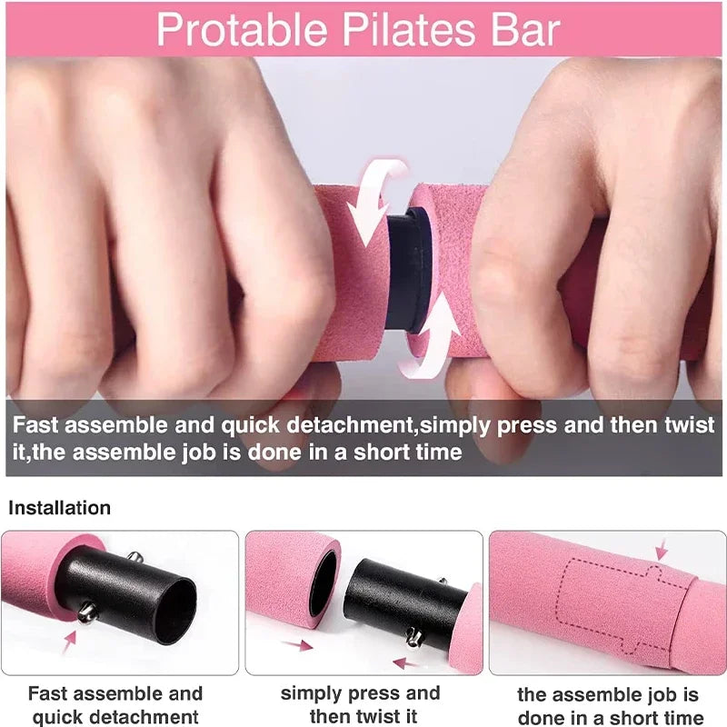 Pilates Bar Kit w/ Resistance Bands 3-Section Fitness Stick Elastic Bands for Exercise Leg Hip Arm Muscle Bodybuilding Equipment