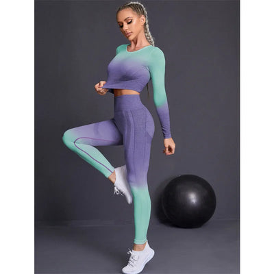 Seamless Women Yoga Set Long Sleeve Crop Top High Waist Running Leggings Fitness Clothing Sportswear Workout Bra Sports Suits