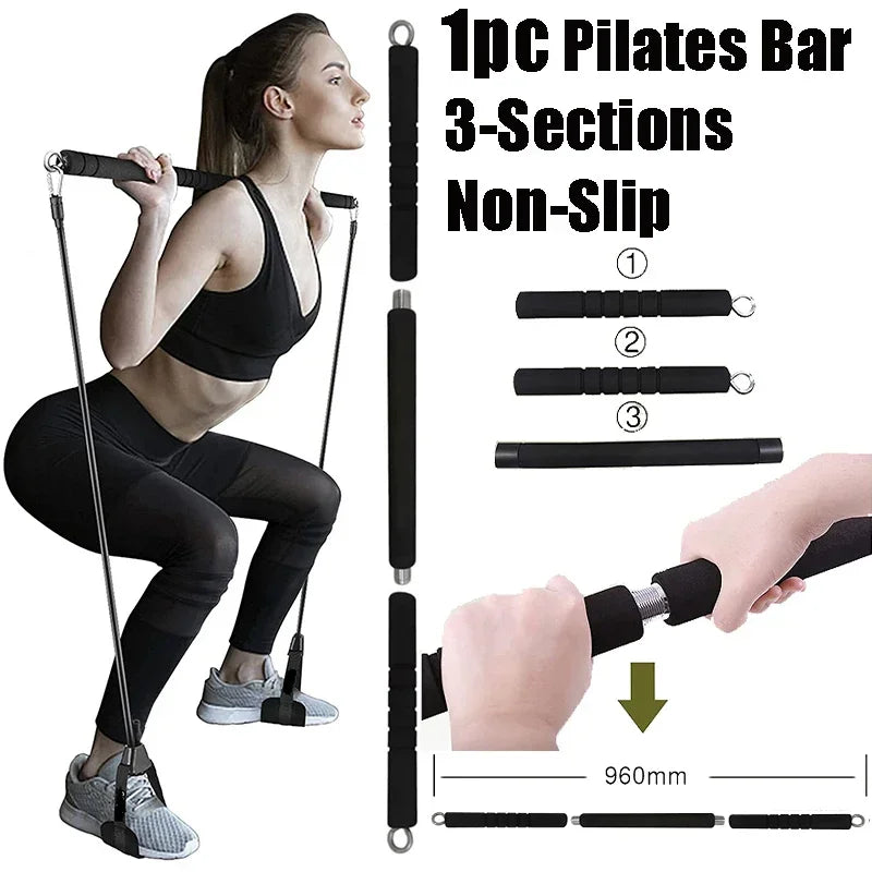 Pilates Bar Kit w/ Resistance Bands 3-Section Fitness Stick Elastic Bands for Exercise Leg Hip Arm Muscle Bodybuilding Equipment