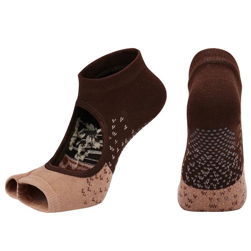 Yoga Socks Two Toes Separately Backless Breathable Non-Slip Gym Fitness Barre Pilates Ballet Dance Grips Toeless Home Socks