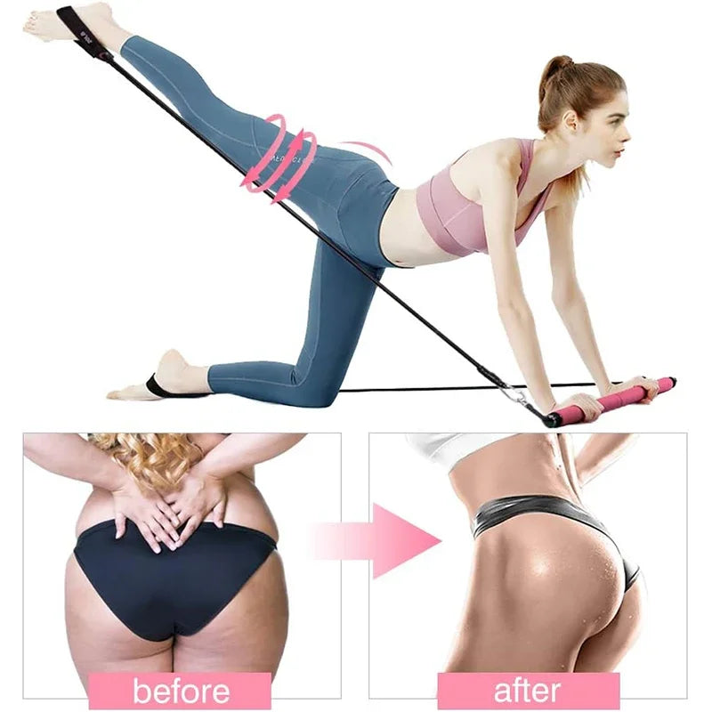 Pilates Bar Kit w/ Resistance Bands 3-Section Fitness Stick Elastic Bands for Exercise Leg Hip Arm Muscle Bodybuilding Equipment