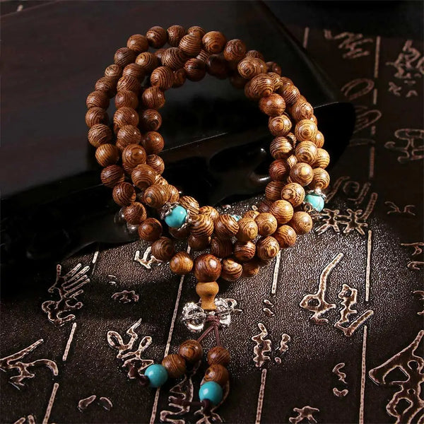 Meditation Wood Mala Beads Rosary 108 Bracelet Wenge Turquoise Buddhist