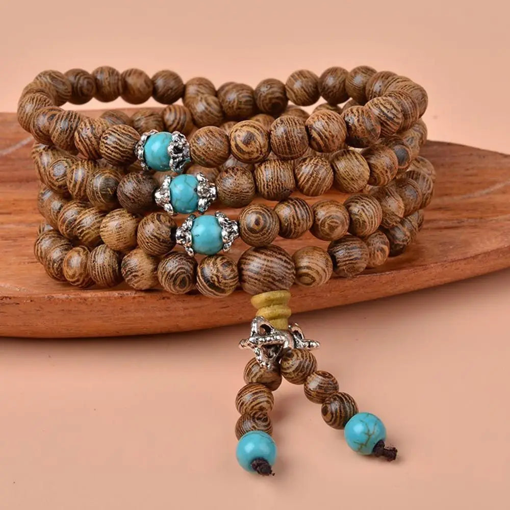 Meditation Wood Mala Beads Rosary 108 Bracelet Wenge Turquoise Buddhist