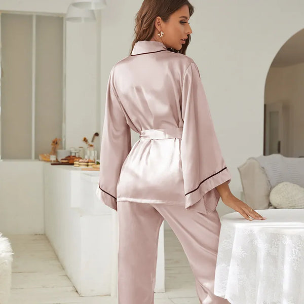 V-Neck 2PCS Pajamas Suit Women Long Sleeve Sleep Set Satin Sleepwear Home Clothes Spring Intimate Lingerie Casual Pyjamas