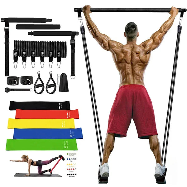 Pilates Bar Kit w/ Resistance Bands 3-Section Fitness Stick Elastic Bands for Exercise Leg Hip Arm Muscle Bodybuilding Equipment