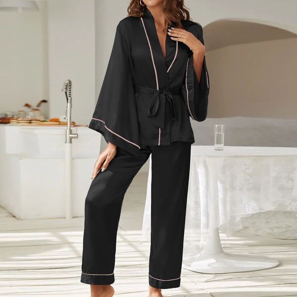 V-Neck 2PCS Pajamas Suit Women Long Sleeve Sleep Set Satin Sleepwear Home Clothes Spring Intimate Lingerie Casual Pyjamas