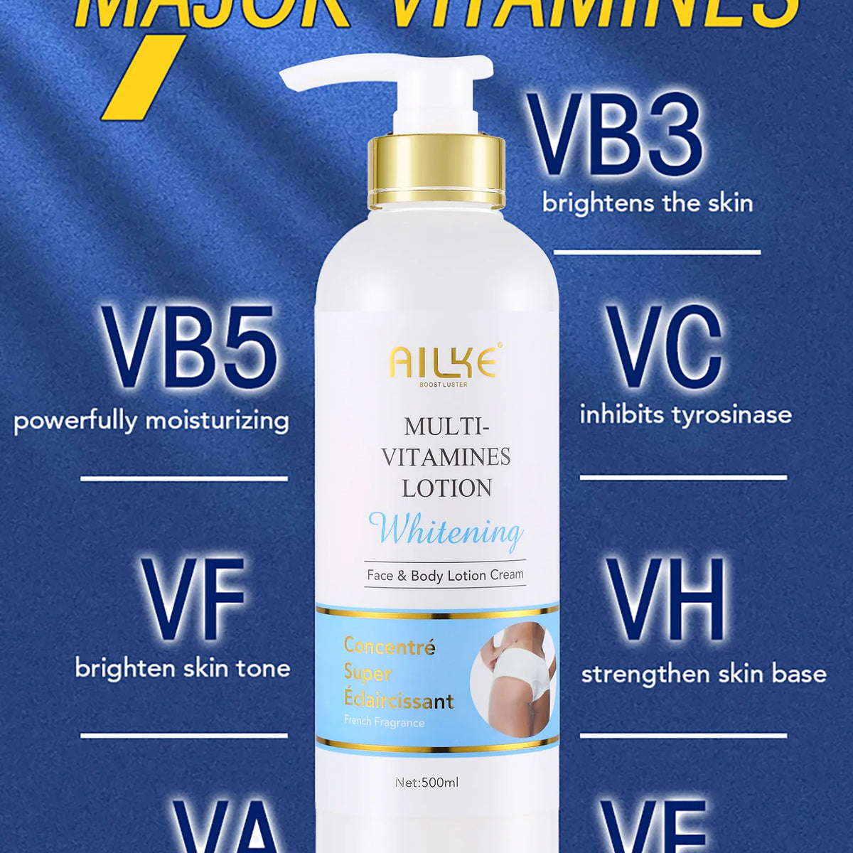 AILKE Multi Vitamin Whitening Body Lotion With Vitamins A,E,B3,B5, Increase Skin Radiance, Even Skin Tone, Moisturizer Cream