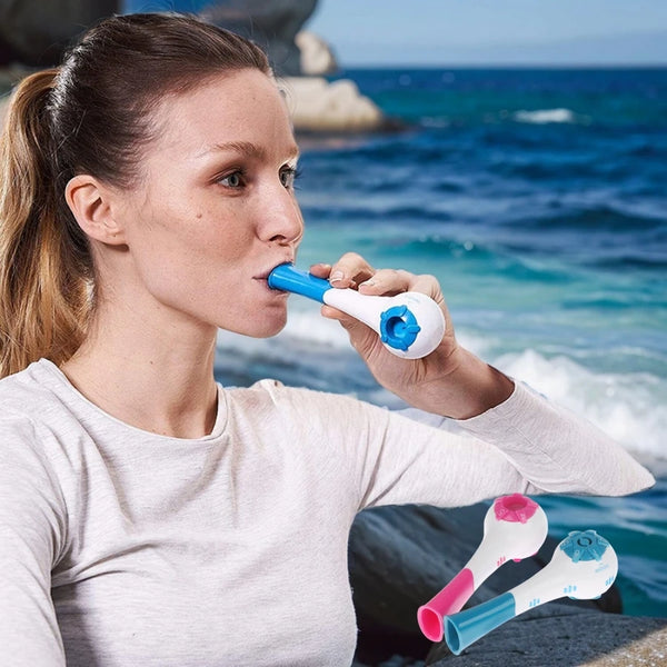 Breathing exercise device, drug-free breathing therapy makes breathing easier. Running, swimming, yoga, lung capacity exercises.